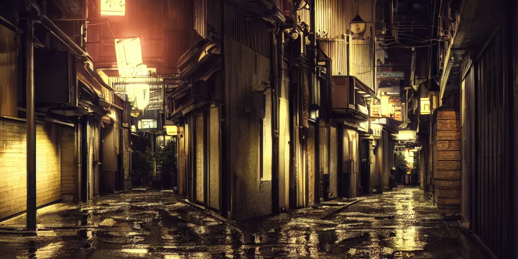 Image similar to quiet tokyo alley at night, raining, dim volumetric lighting, 8 k octane render, hdr, postprocessing, hyperdetailed, intricate, epic composition, cinematic lighting, masterpiece, street photography