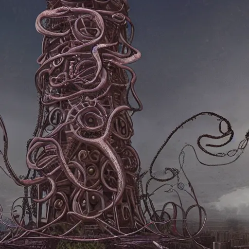 Prompt: lovecraftian machine tower with fleshy tendrils and eyeball at top overlooking dystopian wasteland