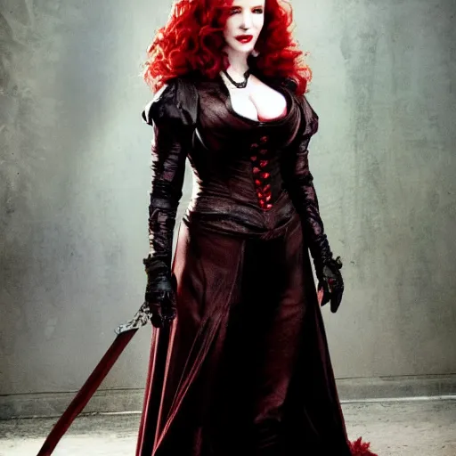 Image similar to full body photo of christina hendricks as a vampire warrior