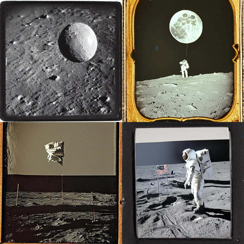 Prompt: daguerreotype photograph of the first moon landing