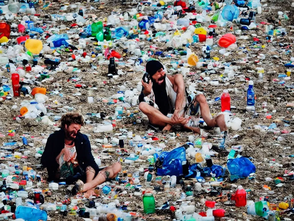 Prompt: jovanotti alone crying surrounded by plastic bottles and garbage on a beach near the adriatic sea, hate, pollution, polaroid color photo, ultra realistic