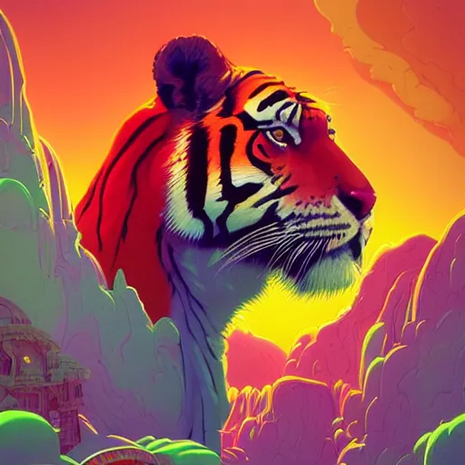 Image similar to colourful breathtakingly weird beautiful powerful magical wonderfully majestic beautifully cool isometric tiger by michael whelan and moebius and beeple and kilian eng and dan mcpharlin and pascal blanche and jamie hewlett and richard dadd, 8 k artstation