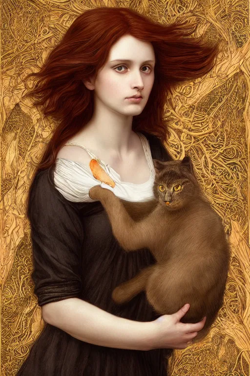 Image similar to A extremely beautiful pre-raphaelite portrait of a cute witch and her cat, surreal, ultradetailed, intricate, elegant, lithe, detailed, digital painting, artstation, concept art, smooth, sharp focus, illustration, ethereal, regal, award winning picture, extremely detailed masterpiece