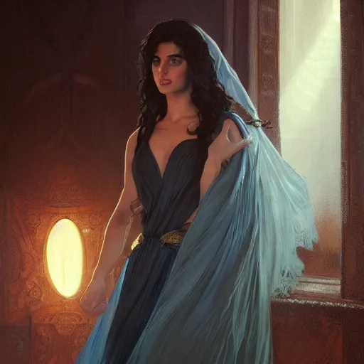 Image similar to a Photorealistic dramatic hyperrealistic render of greek arab ameera al taweel, blue eyes, wavy black hair, white veil,by WLOP,Artgerm,Greg Rutkowski,Alphonse Mucha, Beautiful dynamic dramatic dark moody lighting,shadows,cinematic atmosphere,Artstation,concept design art,Octane render,8K