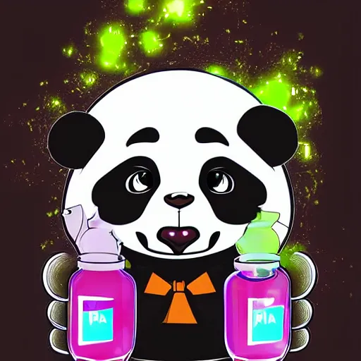 Prompt: panda mad scientist mixing sparkling chemicals, digital art