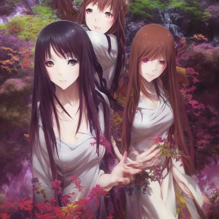 Image similar to Nishimiya Shouko, Schwi Dola, Albedo from Overlord, Mayer Re-l, Japan Lush Forest, official anime key media, close up of Iwakura Lain, LSD Dream Emulator, paranoiascape ps1, official anime key media, painting by Vladimir Volegov, beksinski and dan mumford, giygas, technological rings, johfra bosschart, Leviathan awakening from Japan in a Radially Symmetric Alien Megastructure turbulent bismuth glitchart, Atmospheric Cinematic Environmental & Architectural Design Concept Art by Tom Bagshaw Jana Schirmer Jared Exposure to Cyannic Energy, Darksouls Concept art by Finnian Macmanus