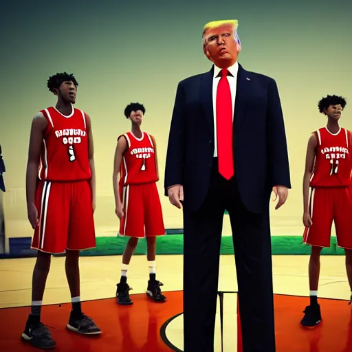 Image similar to Donald Trump with basketball players body, realistic artstyle, wide shot, dramatic lighting, octane render, hyperrealistic, high quality, highly detailed, HD, beautiful, cinematic, 8k, unreal engine, facial accuracy, symmetrical