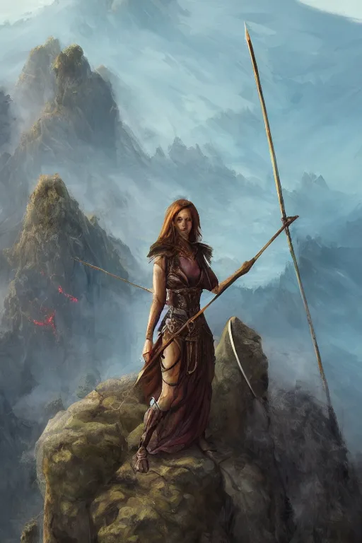 Image similar to concept illustration, trending on artstation, highly detailed, 8k, fantasy, woman standing on top of a cliff, holding a spear, looking down with fury