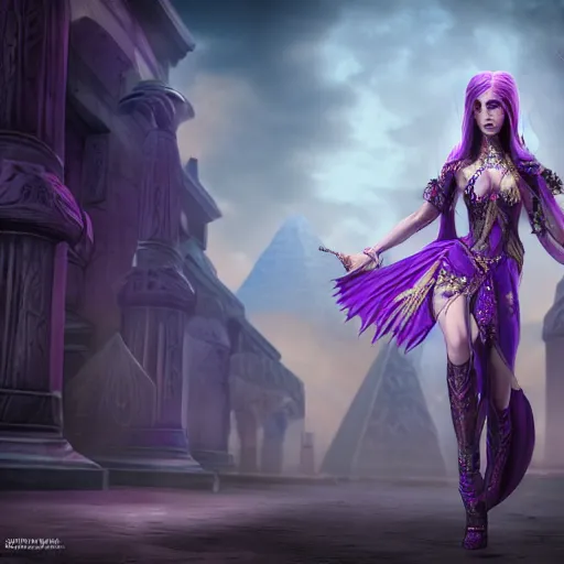 Image similar to 8k unreal engine render by Anne Stokes of a half-elf sorceress with purple hair from dungeons and dragons, beautiful, symmetrical face, wearing a tutu, a poison spell forms in her hand, in a crowded ancient Egyptian city, insanely detailed, depth of field unreal engine ultra-wide angle lens, volumetric lighting, vivid color