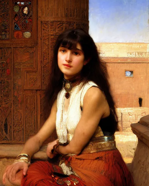 Image similar to time traveller orientalist intricate portrait by john william waterhouse and edwin longsden long and theodore ralli and nasreddine dinet, oil on canvas. cinematic, hyper realism, dramatic lighting, high detail 8 k