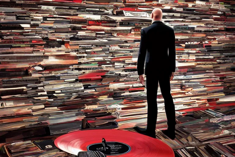 Image similar to an expressive portrait of agent 4 7 from hitman wearing headphones standing on a floor of vinyl records, dark background, red rim light, digital art, artstation, concept art by giger stalenhag