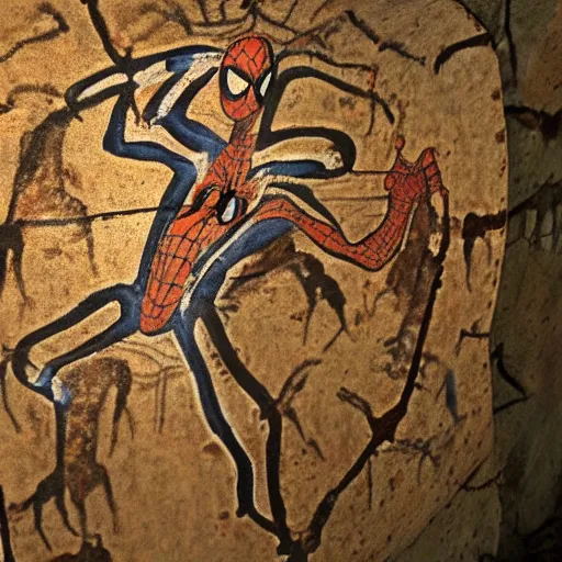 Prompt: a cave painting of spiderman, drum pads, maschine. lascaux cave paintings, chauvet