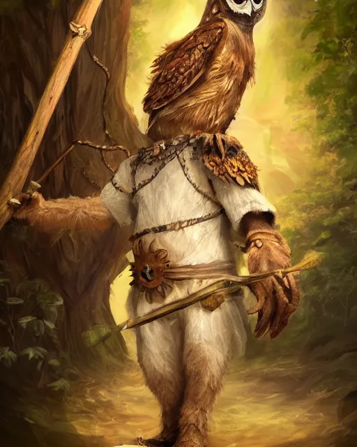 Image similar to High Fantasy whimsical portrait painting of a wise humanoid owl with a human shaped body, talon claws for feet, leg high, wearing an apron, wearing fantasy clothing, cgsociety, trending on artstation, dnd