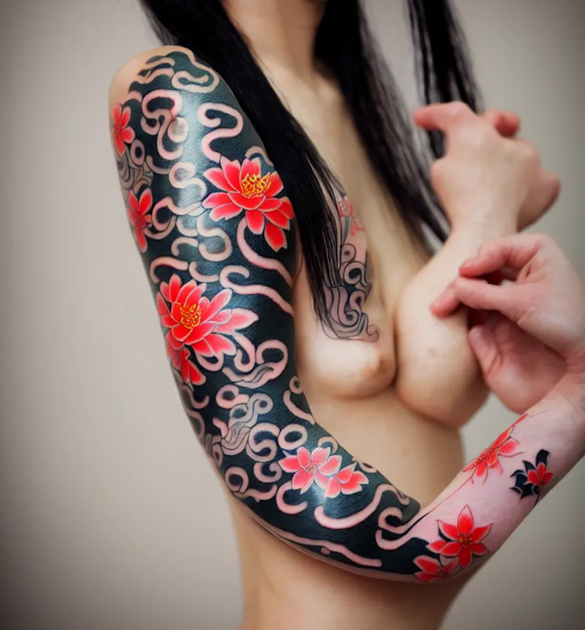 Prompt: japanese tattoo, koi, woman in kimono, realistic, full body, rich details, by wlop photo - grade