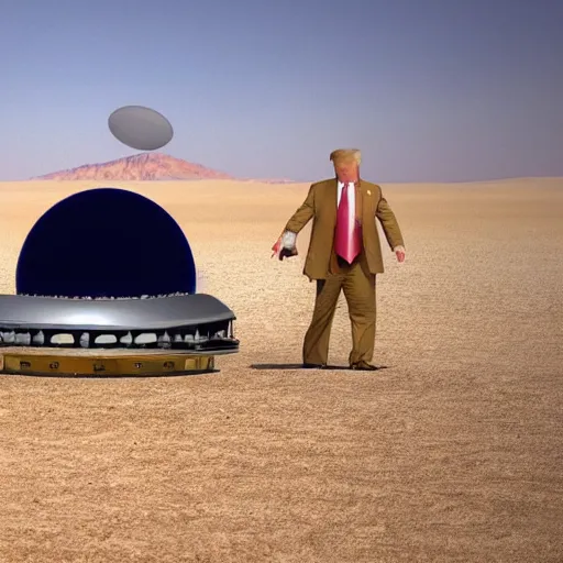 Image similar to a flying saucer in desert with donald trump on the ground underneath it being pulled inside