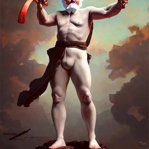 Image similar to a full body portrait of colonel sanders the greek god!! fighting in hell against a starving hillbilly!!! extremely beautiful, anatomically accurate, by artgerm and by greg rutkowski and by alphonse mucha and by simon bisley, radiant light, detailed and intricate environment,