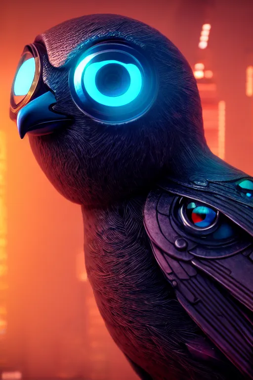 Image similar to high quality 3 d render very cute cyborg crow! incorporated speaker, cyberpunk highly detailed, unreal engine cinematic smooth, in the style of blade runner & detective pikachu, hannah yata charlie immer, moody light, low angle, uhd 8 k, sharp focus