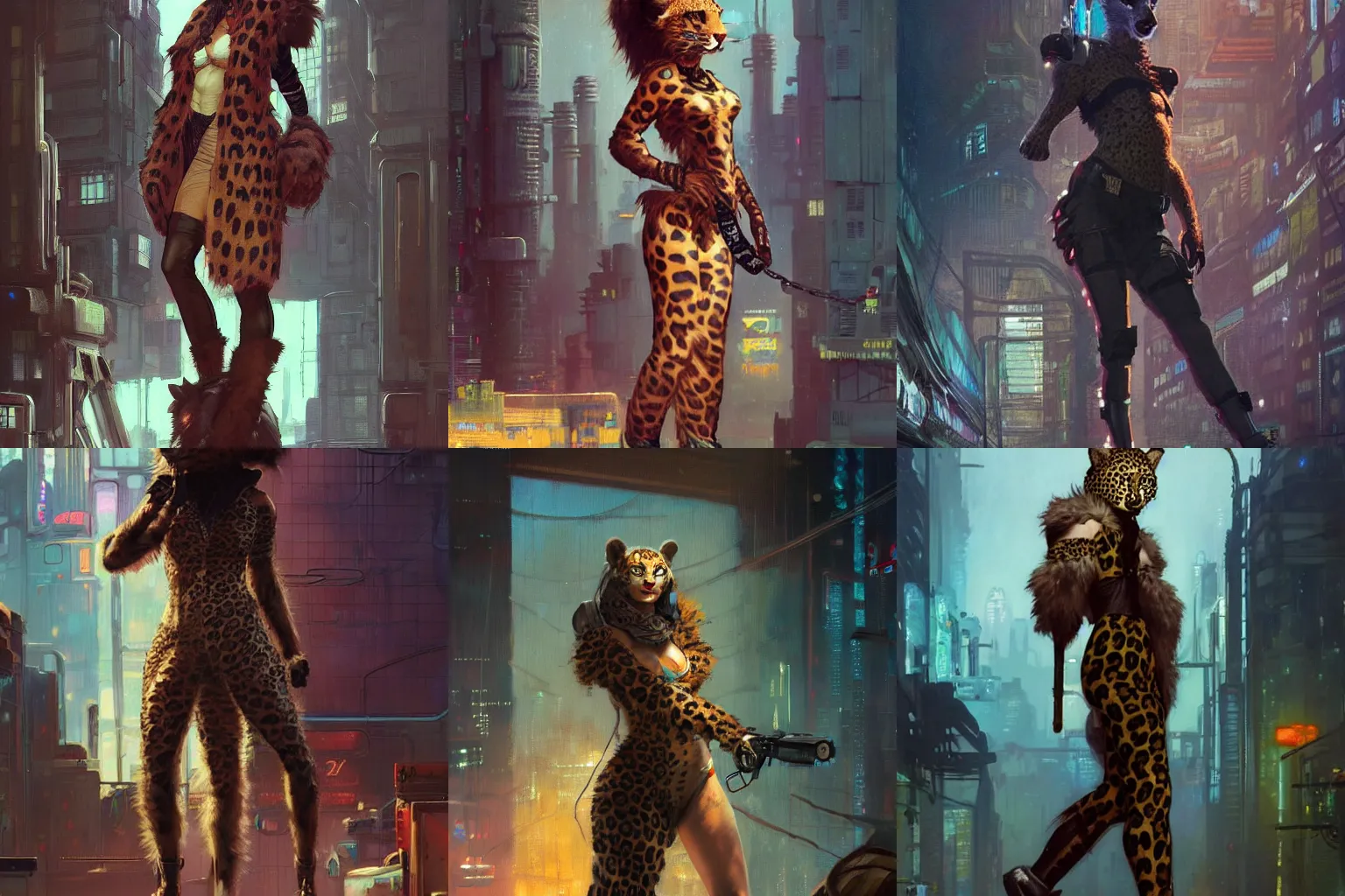 Prompt: female anthropomorphic furry leopard character in cyberpunk clothes. Renowned character illustration by greg rutkowski, thomas kindkade, alphonse mucha, loish, norman rockwell. Trending on artstation.