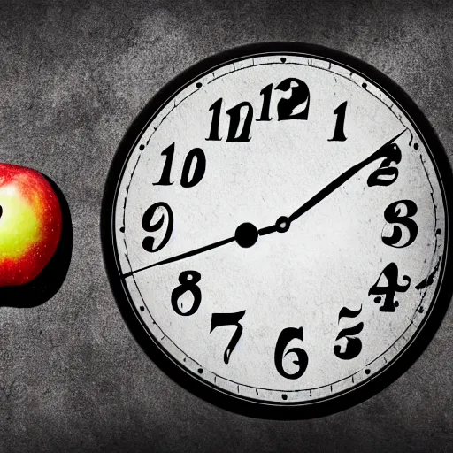 Image similar to hd ultra detailed a clock and an apple by tommy ingberg