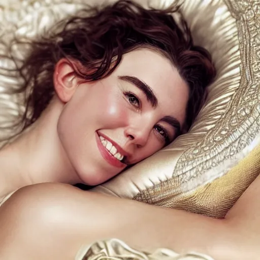 Image similar to stunning photo of dark - haired goddess vanessa kirby smiling, laying back on a pillow, with white tears running down her face, a beautiful closeup, wet lips, perfect eyes, insanely detailed, elegant, by mucha, wlop, rutkowski, livia prima