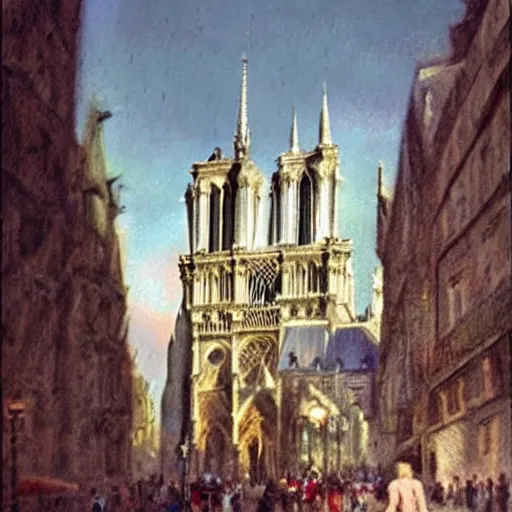 Image similar to realistic disney version of quasimodo walking the streets of 1 8 8 0 s paris, france. notre dame cathedral is in the background.
