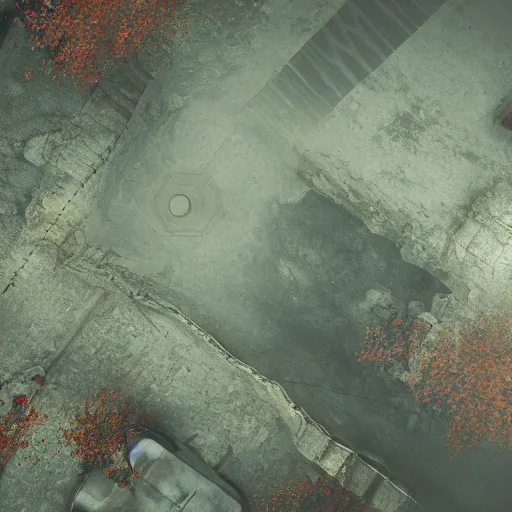 Image similar to playstation 5 screenshot of silent hill, overhead view, saturated, fantastic