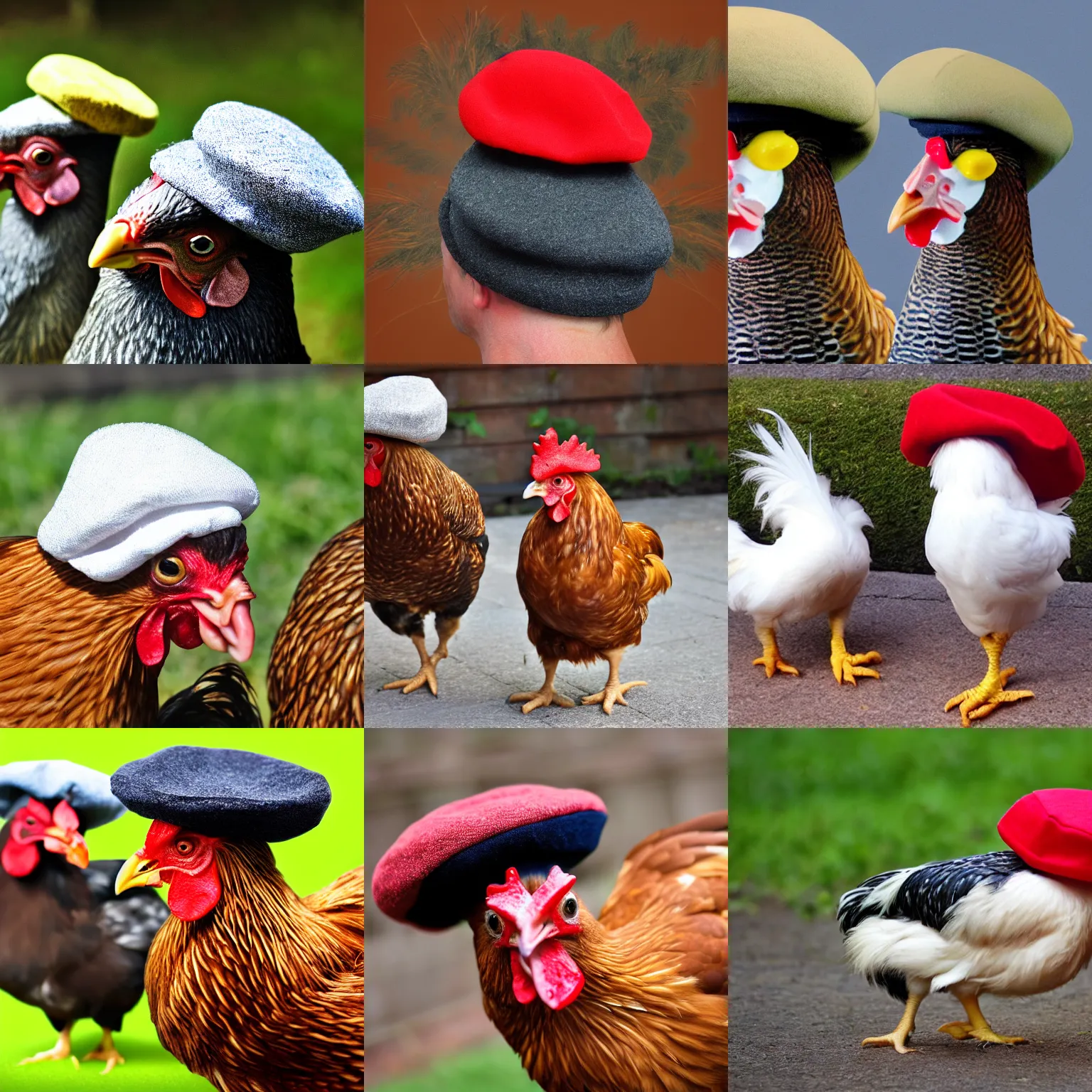 Prompt: chickens wearing beret hat realistic 4k uhd