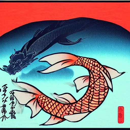 Image similar to koi fish, dragon, sunset, samorai, eating sushi, gensha, ukiyo - e