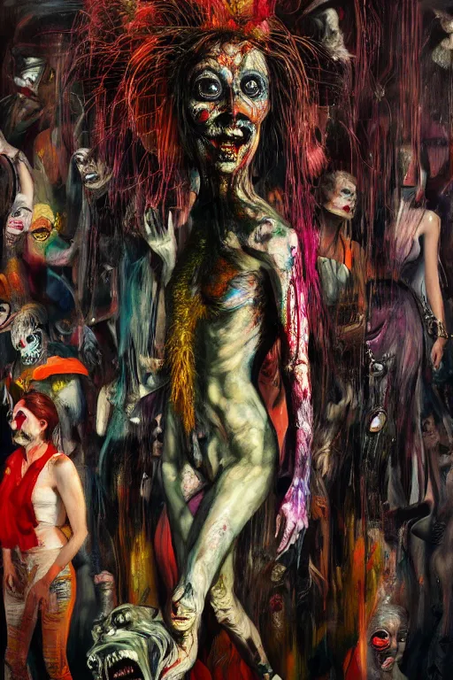 Image similar to crazy fashion catwalk, freak show, crazy clothes, biopunk style, horror, hauntingly surreal, highly detailed painting by francis bacon, edward hopper, adrian ghenie, gerhard richter, and james jean soft light 4 k,