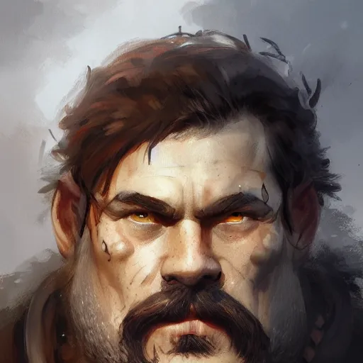 Image similar to portrait old barbarian warrior with trucker mustache and short hair, 8 k, trending on art station, by tooth wu and greg rutkowski