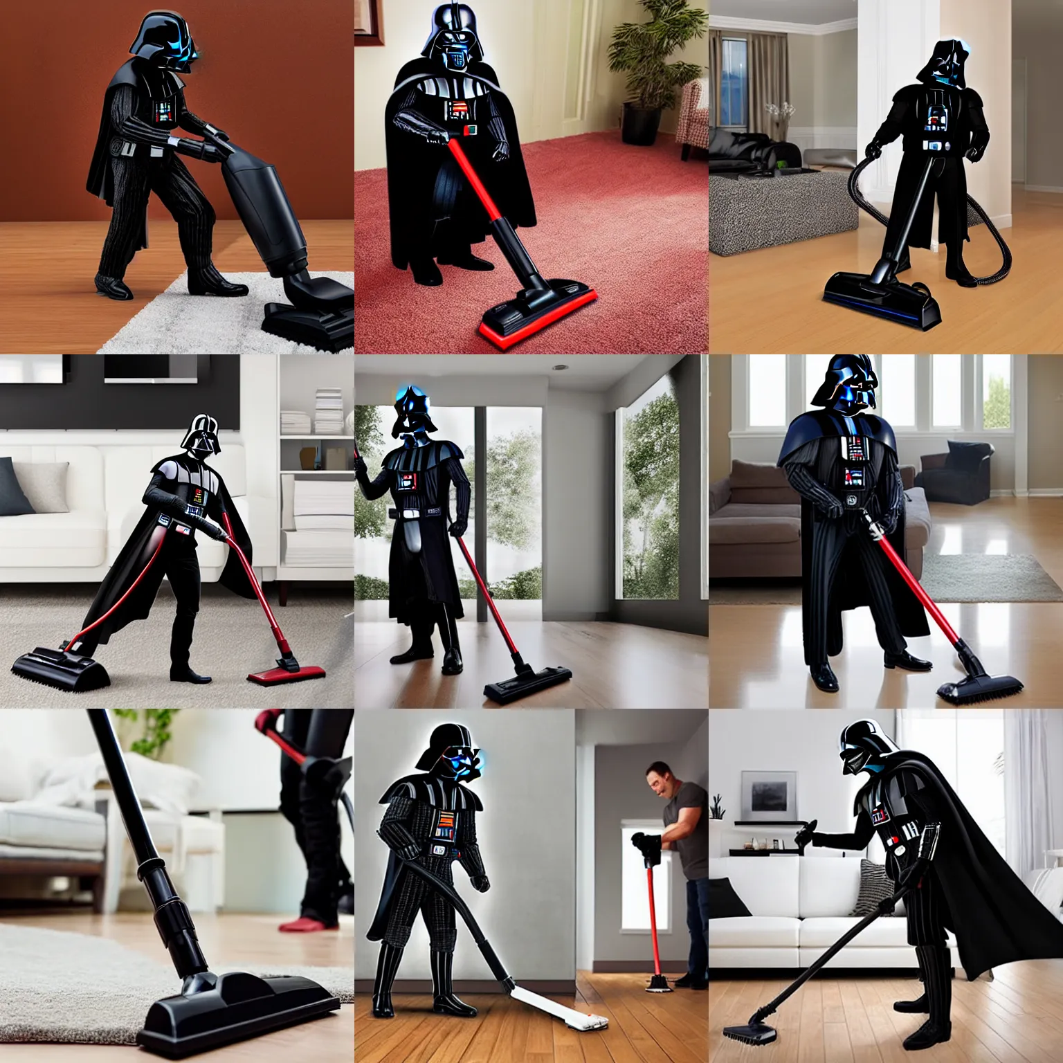 Image similar to Darth Vader vacuuming the house, photo realistic, award-winning, highly-detailed