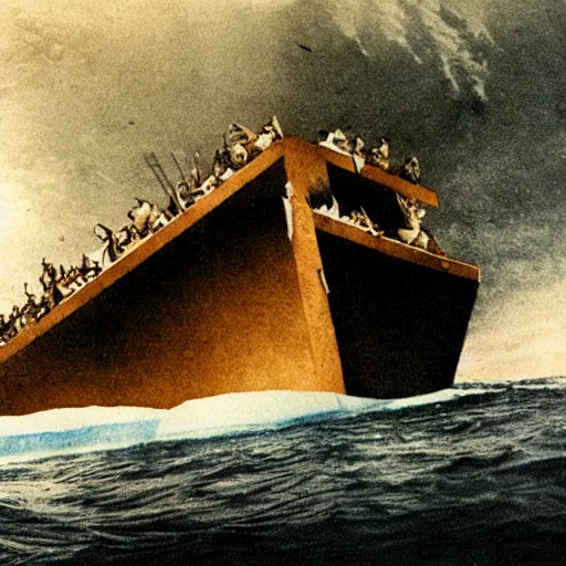 Prompt: noah's ark sinking after hitting an iceberg. award winning photograph 1 9 1 2 colourized