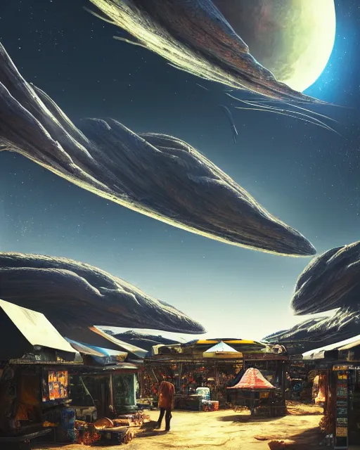 Image similar to a market stall on an alien planet. sci - fi. strange. detailed. meticulously rendered. hyperdetailed. trending on artstation. imax. deviant art. epic sky. astrophotography.