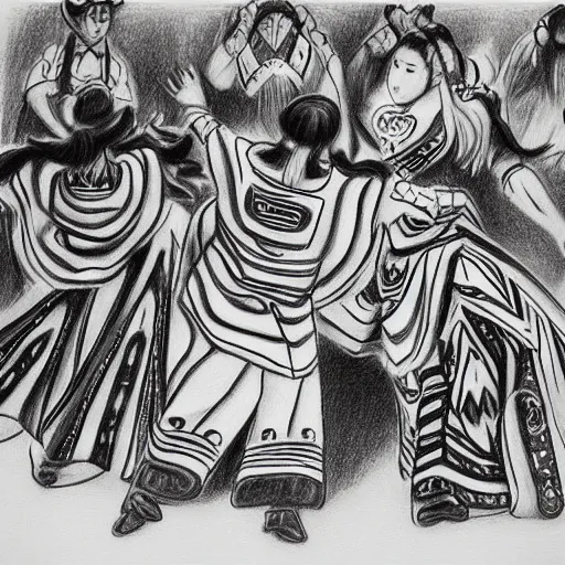 Image similar to round dance, folkloric dance, beautiful pencil drawing in anime style, sharp and precise, detailed