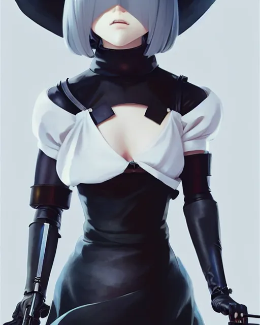 Image similar to 2 b from nier automata, black blindfold, gem, detailed perfect face, exquisite details, mid view, design on a white background, by studio muti, greg rutkowski makoto shinkai takashi takeuchi studio ghibli