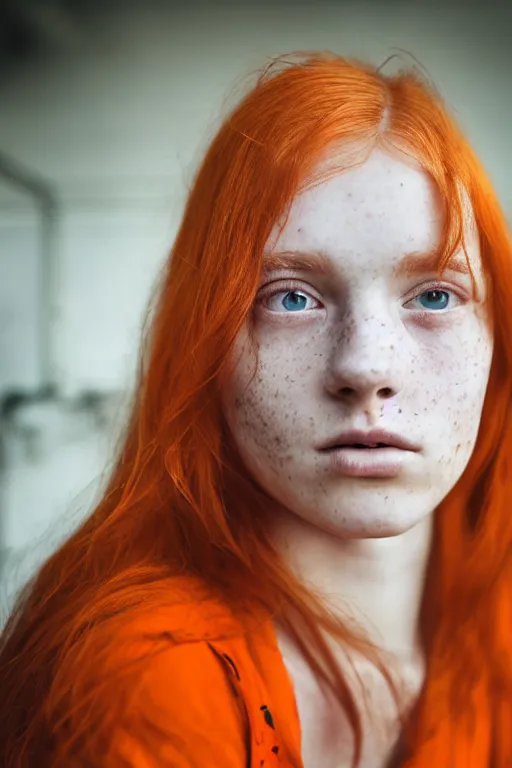 Prompt: portrait photo of a danish teenage girl in an orange jumpsuit. Natural, orange hair, freckles. In an industrial environment. Shallow depth of field. Dramatic lighting. Highly detailed. Closeup.