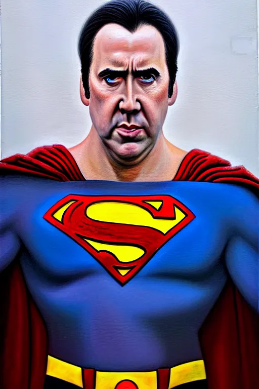 Prompt: portrait of nicolas cage as superman looking away from the camera, intricate, hyperrealistic, extremely detailed oil painting by simon stalenhag and greg rutkowski, artstation