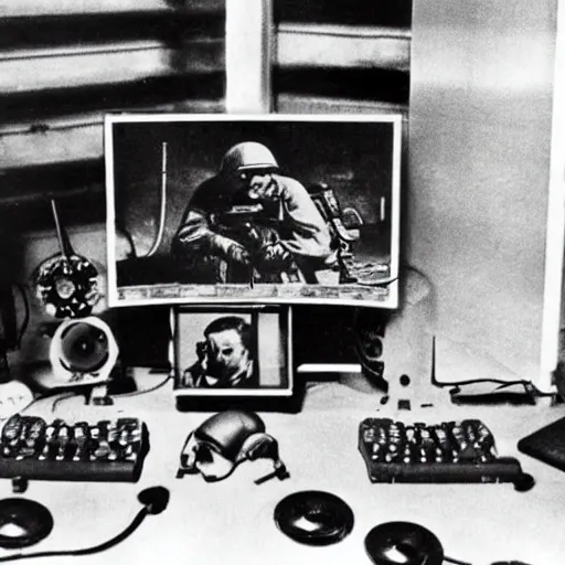 Image similar to ww 2 photograph of a pc gaming setup