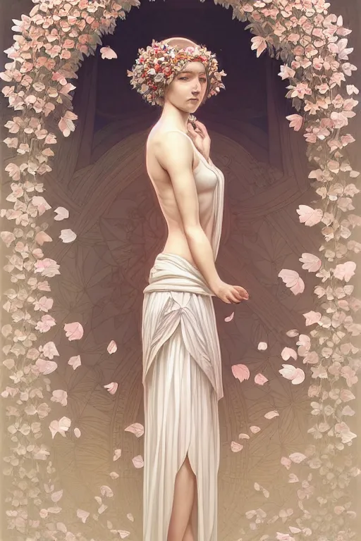 Image similar to symmetry!! full body portrait!!!! of a beautiful!!!! delicate elegant nordic shield maiden, pretty face!!!!, flower petals, intricate, elegant, highly detailed, digital painting, artstation, concept art, smooth, sharp focus, illustration, art by artgerm and greg rutkowski and alphonse mucha, 8 k