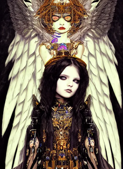 Image similar to portrait of cute beautiful young goth angel maiden with mechanical wings, cyberpunk, Warhammer 40000, gothic, highly detailed, artstation, illustration, art by Gustav Klimt