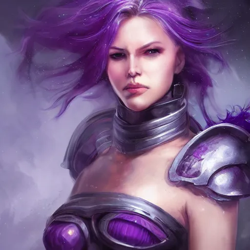 Image similar to extreme close up portrait of a beautiful woman in mechanical amethyst armor, female, flowing purple hair tied in pleats, intense stare, stoic, concept art, intricate detail, volumetric shadows and lighting, realistic oil painting magic the gathering style, destiny, sci - fi,