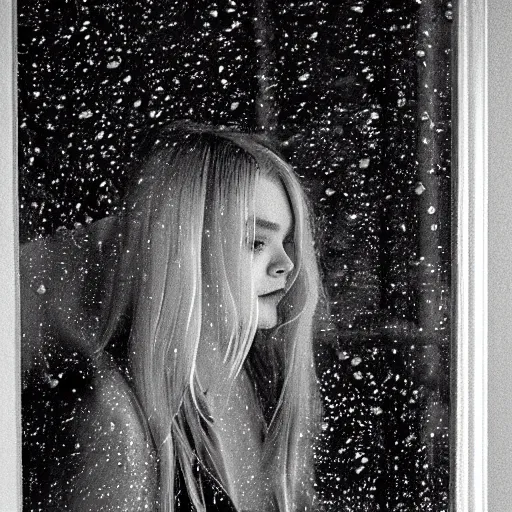 Prompt: elle fanning looking out a window on a rainy night, nighttime!, raining!!, city light reflections!!