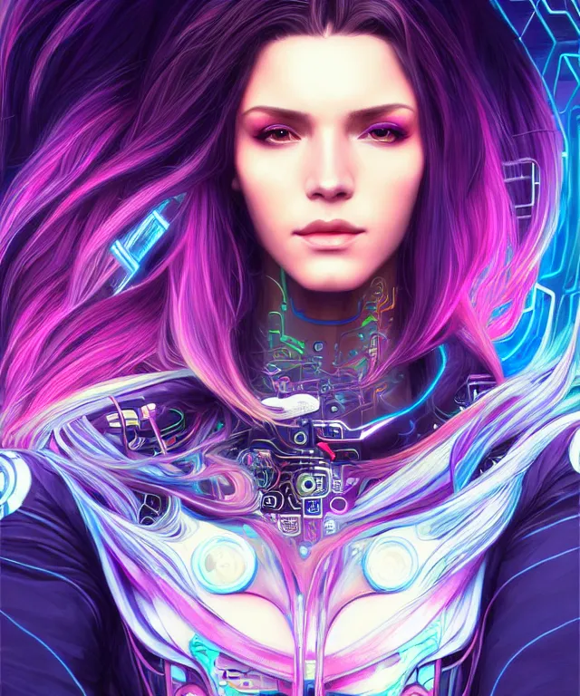 Prompt: beautiful adult woman wearing netrunner clothing, extremely detailed face, cyberpunk, cybernetic, cyborg, vaporwave aesthetic, synthwave, flowing hair, colorful, psychedelic, intricate, elegant, highly detailed, digital painting, artstation, concept art, smooth, sharp focus, illustration, art by artgerm and greg rutkowski and alphonse mucha