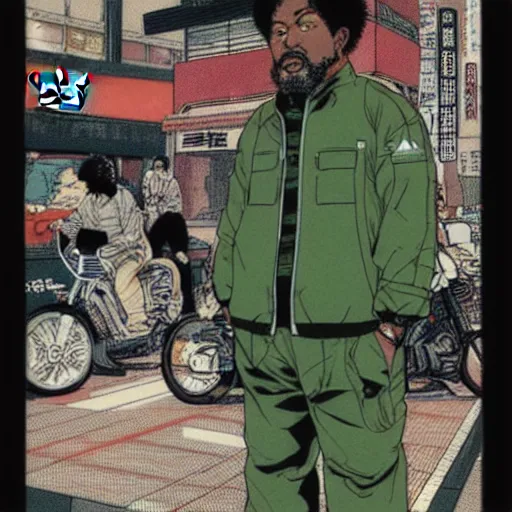 Image similar to illustration by katsuhiro otomo, black man with afro hair, raspy beard stubble, wearing an adidas army green jacket, in the streets of tokyo, akira style, by katsuhiro otomo