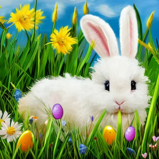 Image similar to cute fluffy white lop eared bunny rabbit sitting in meadow of spring flowers with easter eggs detailed painting 4k
