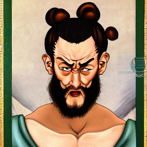 Image similar to portrait painting of angry Michelangelo di Lodovico with topknot in the style of japanese cartoon