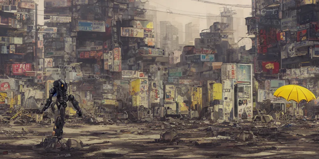 Prompt: a giant robot invasion side view, yellow parasol in deserted dusty shinjuku junk town, incredible wide screenshot, ultrawide, simple watercolor, rough paper texture, ghost in the shell movie scene, broken vending machines, bold graphic graffiti, old pawn shop, bright sun bleached ground, mud, fog, dust, windy, scary robot monster lurks in the background, ghost mask, teeth, animatronic, black smoke, pale beige sky, junk tv, texture, brown mud, dust, tangled overhead wires, telephone pole, dusty, dry, pencil marks, genius party, shinjuku, koji morimoto, katsuya terada, masamune shirow, tatsuyuki tanaka hd, 4k, remaster, dynamic camera angle, deep 3 point perspective, fish eye, dynamic scene