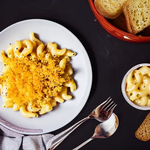 Prompt: A delicious bowl of mac and cheese on a plate, garnish, bread crumbs, food photography, michelin star