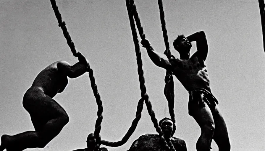 Prompt: 1 9 6 0 s movie still close - up of marcus atilius regulus tied with ropes at pole in direction of the burning sun with blood flowing down his eyes cinestill 8 0 0 t 3 5 mm b & w, high quality, heavy grain, high detail, texture, dramatic light, anamorphic, hyperrealistic, detailed hair