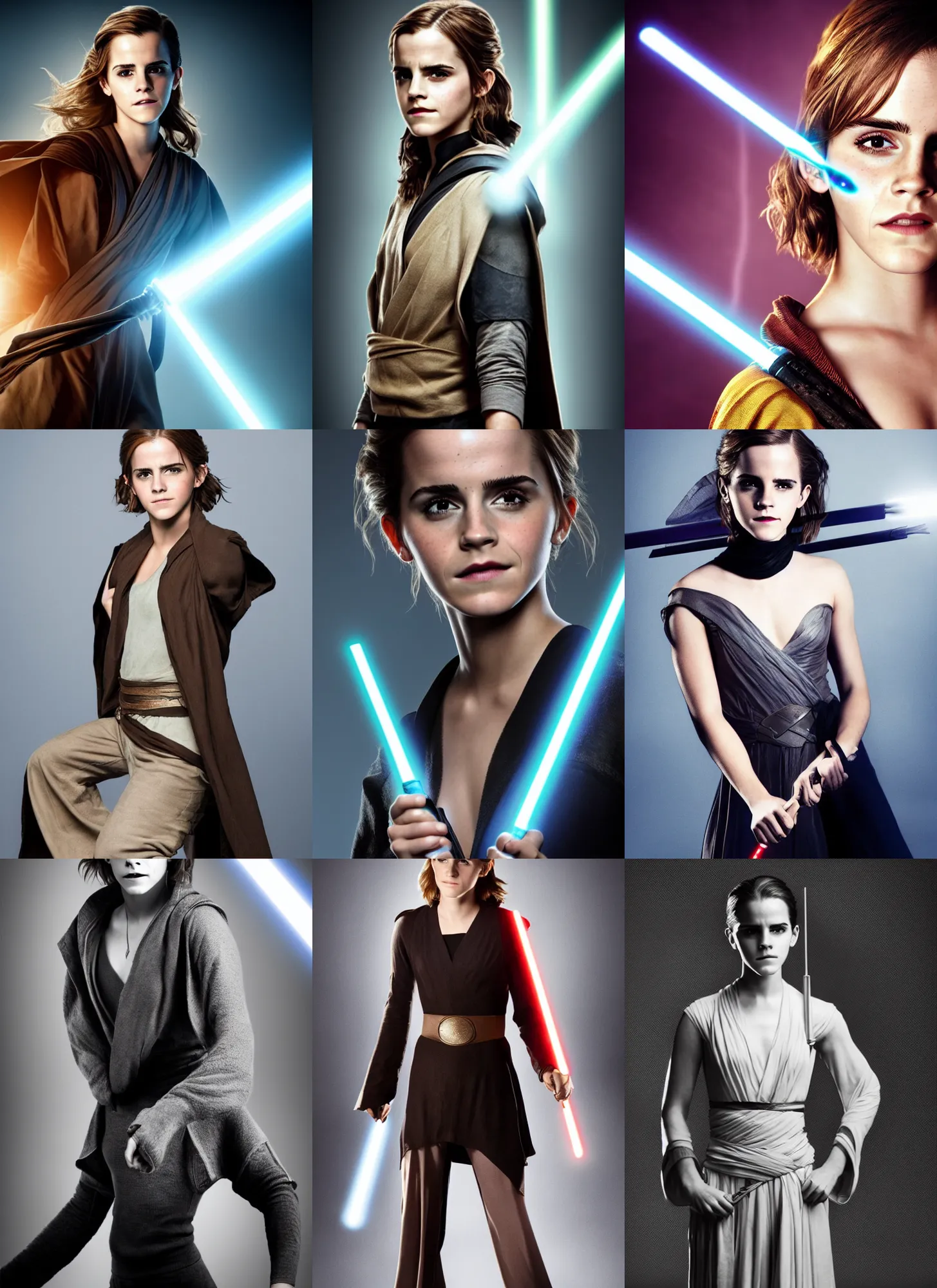 Prompt: emma watson as a jedi, photo from a promo shoot, studio lighting, black background